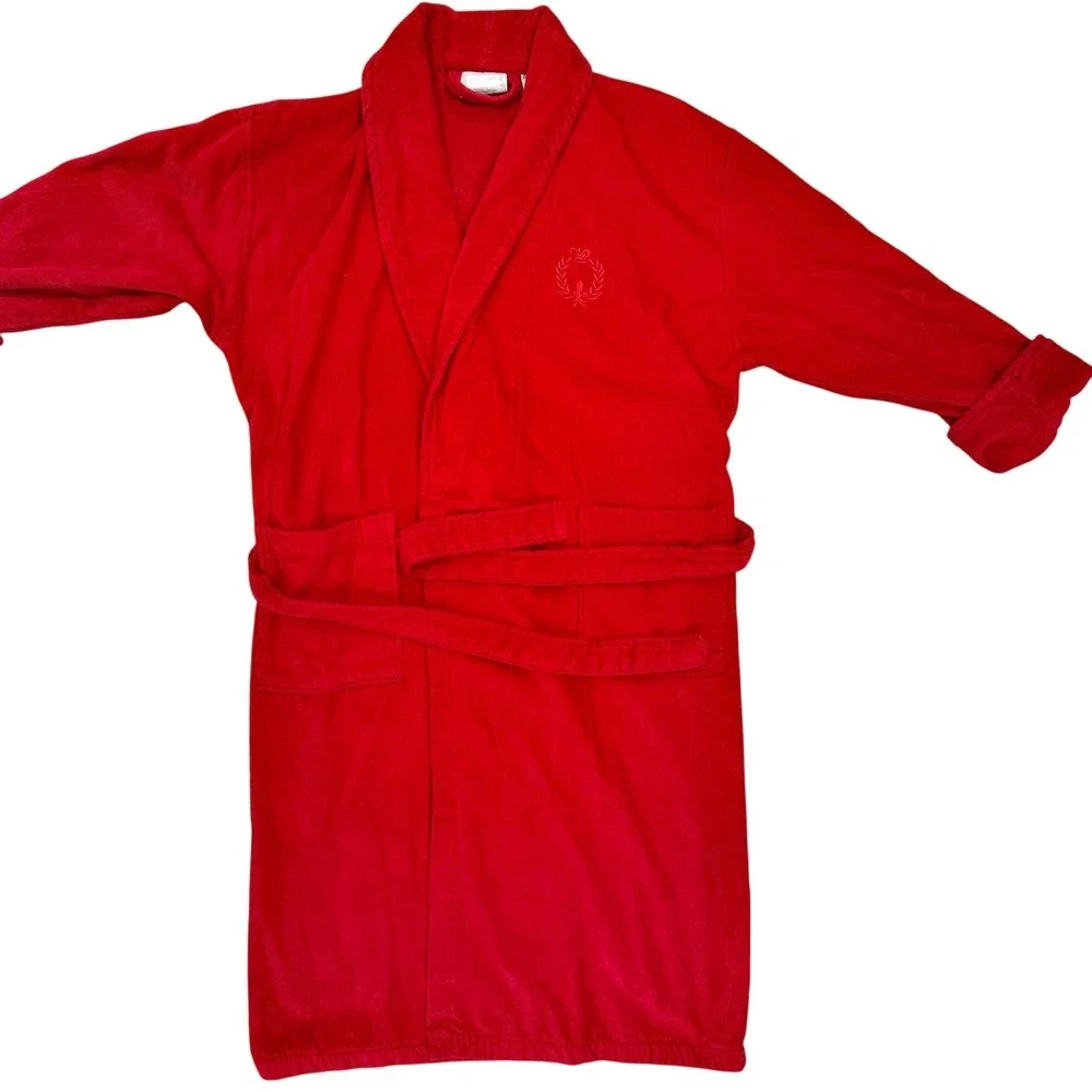 TJ Lawford Red Turkish Cotton Terry Cloth Robe Shawl Collar Crest Loungewear S/M